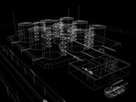 Industrial abstract architecture. Wire-frame isolated render on black background