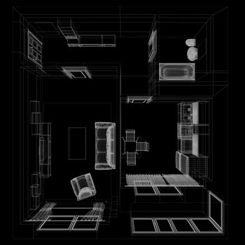 layout of the apartment. Wire-frame render on black background