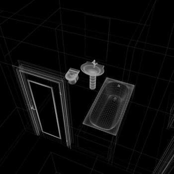 layout of the apartment. Wire-frame render on black background