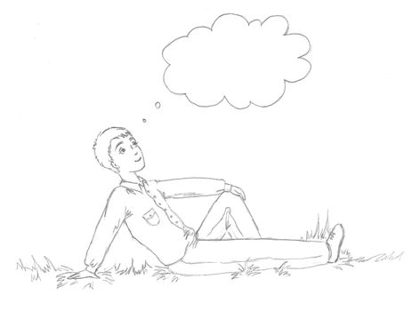 A man lies on the grass and thinking. Scanned sketch in pencil