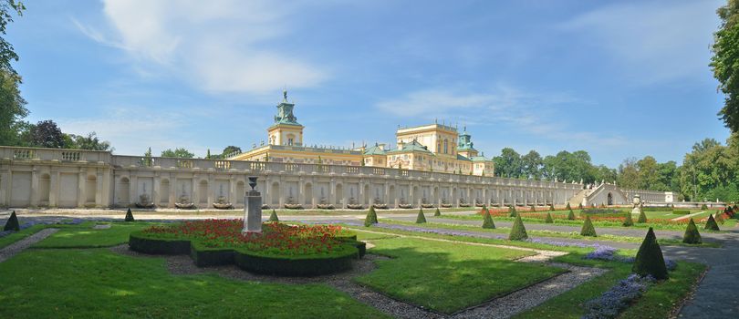 Royal Castle in Wilanow north facade wide angle panoramic view.