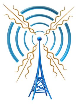 Powerful digital transmitter for TV, mobile and multimedia broadcast sends information signals from high tower