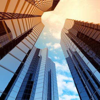 Bottom view of modern skyscraper. Business district