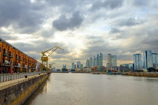 A wide angle view of the Puerto Madero neighborhood in Buenos Aires, Argentina
