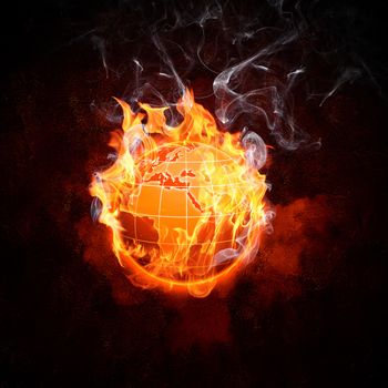 Image of burning globe in fire flames. Earth in danger