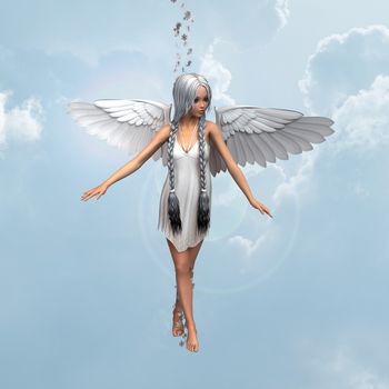 3D digital render of a cute white angel on blue sky background
