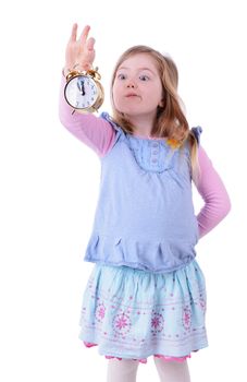 little girl thinking about time isolated on white