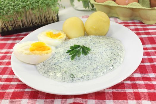 Frankfurt green sauce with halved boiled eggs