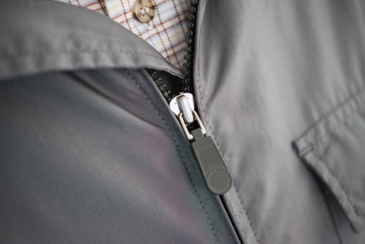 zipper of his jacket pulled over