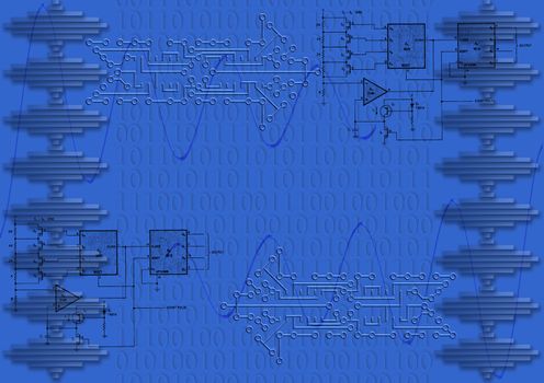 Blue circuit board arrows with binary numbers