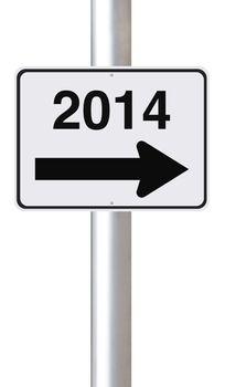 A modified one way street sign on the new year 2014