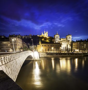 night view from Lyon city near the Fourviere cathedral and Saône river