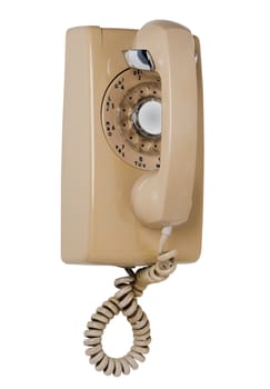 Old rotary wall phone, isolated