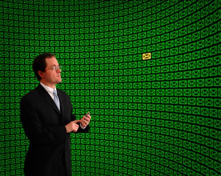 Man monitoring a field of green email message icons