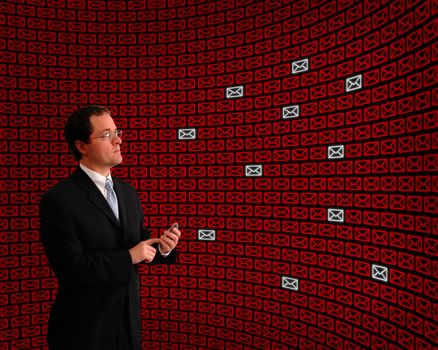 Man monitoring an array of emails among a field of red message icons
