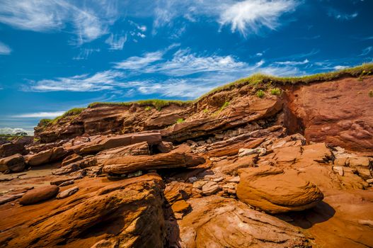 Eroded red rock cliff in New Brunswick Canada