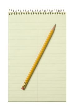 Stenographer's pad flat with a yellow pencil isolated against white background