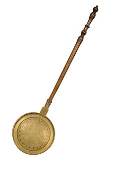 Long-handled antique bed warmer isolated against white background