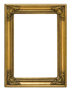 Antique gold vertical picture frame against white background