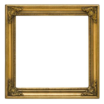 Antique square picture frame painted gold against white background
