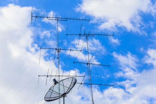 Antennas and  satellite antenna   at blue sky background