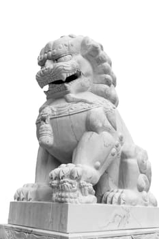 Lion statue in stone on White Background  at a temple in Udonthanee, Thailand