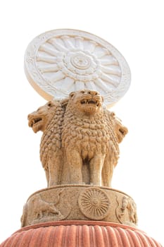 three lion statue in stone on White Background  at a temple in Udonthanee, Thailand