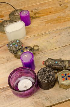 Assorted oriental decorative objects on a wooden table