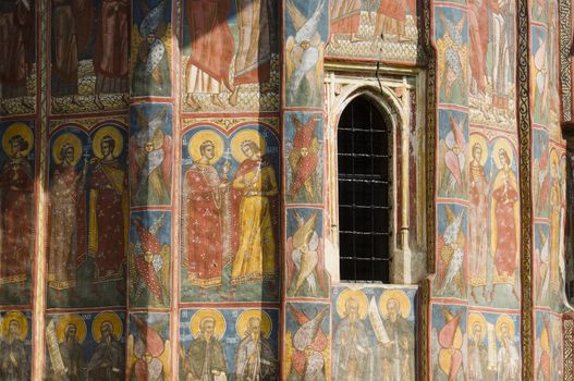 Fresco detail of traditional monastery in Moldovita, Romania