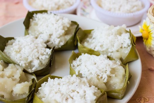 Traditional Thai dessert, made from Wax gourd or Chalkumra, sugar, and coconut milk, wrap with banana leaf.