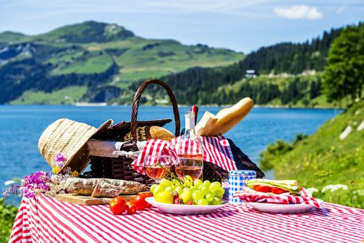 tasted picnic on the grass near a lake