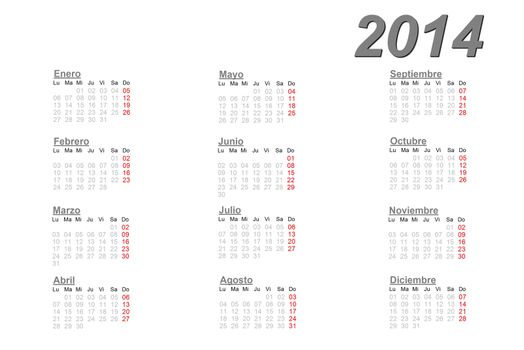 Spanish calendar for 2014 on white background