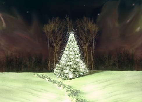 lighted christmas tree and aurora borealis depiction
