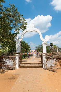 Gate and entrance in Buddhist temple to Sri Maha Bodhi, Anuranhapura, Sri Lanka