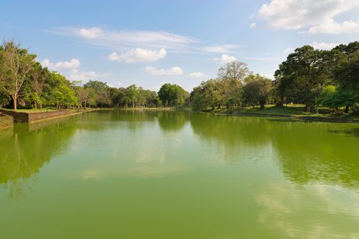 Gigantic man made pond in tropical forest. Elephant pond (Eth Pokuna) - about 2000 years old pond made of stone in Anuradhapura, Sri Lanka