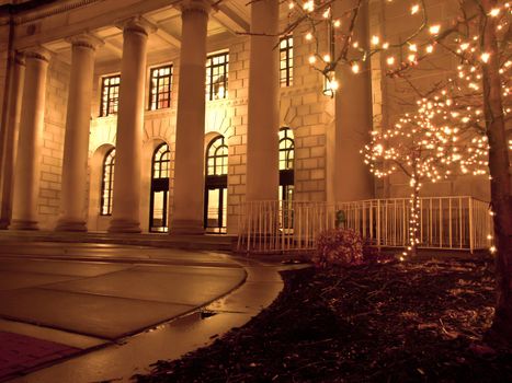 building at nighttime during the christmas season