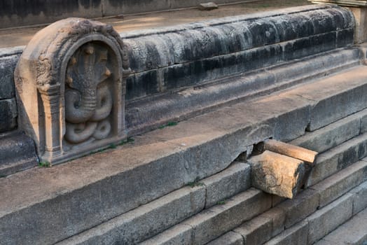 Ruins of the ancient city Anuradhapura, Sri Lanka. Cobra image on Kuttam Pokuna (twin ponds) are bathing tanks or pools in ancient Sri Lanka.