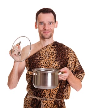 Happy smiling wild funny man in animal fell with open stew pan isolated on white background