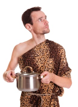 Looking up wild funny man in animal fell holds cooked food in a stew pan isolated on white background