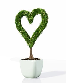 a small plant in the shape of heart planted in a white pot has its profile fully covered by grass and flowers, on a white background