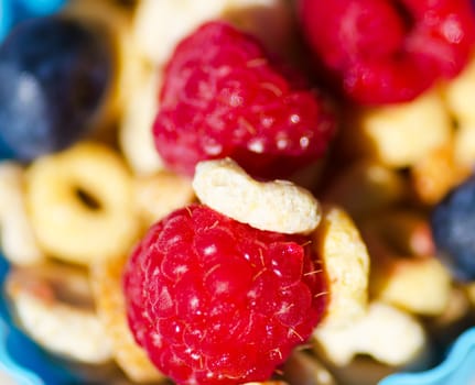Healthy breakfast with cereals, blueberry, raspberry. Selective focus.