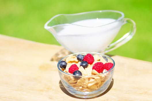 Healthy breakfast with cereals, blueberry, raspberry and milk. Selective focus.