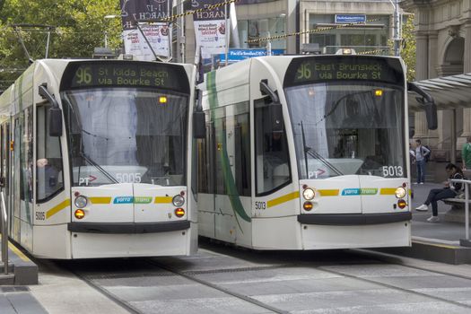 MELBOURNE, AUSTRALIA MAR 18TH: Trams on Bourke street on March 18th 2013. The tram network is the largest urban tramway network in the world.