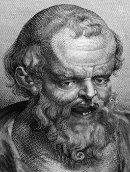 Democritus (460BC-370BC) on engraving from 1788. 
Ancient Greek philosopher. The most influental pre-ocratic. His atomic theory may be regarded as the culmination of early Greek thought. He is considered as the "father of modern science". Engraved by Blake after Peter Paul Rubens and published in ''Essays on Physiognomy'',UK,1788.