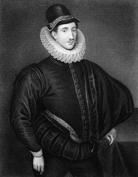 Fulke Greville, 1st Baron Brooke (1554-1628) on engraving from 1830. Elizabethan poet, dramatist, and statesman. Engraved by J.Cochran and published in ''Portraits of Illustrious Personages of Great Britain'',UK,1830.
