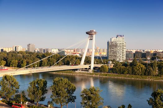 BRATISLAVA, SLOVAKIA - JULY 21: New Bridge on July 21, 2013 in Bratislava, Slovakia. New Bridge is the world's longest cable-stayed bridge to have one pylon and one cable-stayed plane.