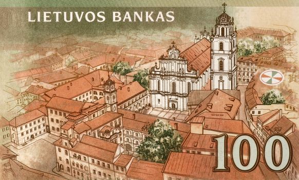 Vilnius old town on 100 Litu 2007 banknote from Lithuania.