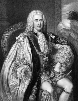 Thomas Pelham-Holles, 1st Duke of Newcastle (1693-1768) on engraving from 1832. British Whig statesman. Prime minister of Great Britain during 1757-1762. Engraved by W.Holl and published in ''Portraits of Illustrious Personages of Great Britain'',UK,1832.
