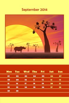 Colorful english calendar for september 2014 - rhinoceros silhouette by sunset, 3D render