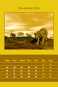 Colorful english calendar for november 2014 - lions resting scene, 3D render